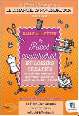 Affiche orange annonçant « Les Puces couturières » avec des ciseaux, une machine à coudre, un mannequin et une bobine de fil.
